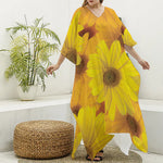 Yellow Daisy Flower Print Silk V-Neck Kaftan Dress