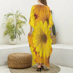 Yellow Daisy Flower Print Silk V-Neck Kaftan Dress