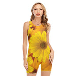 Yellow Daisy Flower Print Sleeveless One Piece Swimsuit