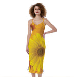 Yellow Daisy Flower Print Slim Fit Midi Cami Dress