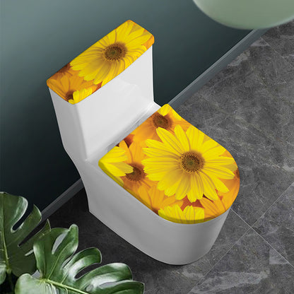 Yellow Daisy Flower Print Toilet Lid And Tank Cover Set