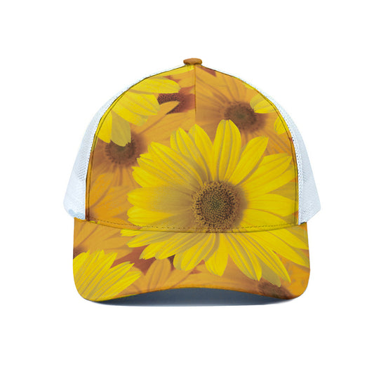 Yellow Daisy Flower Print White Mesh Trucker Cap