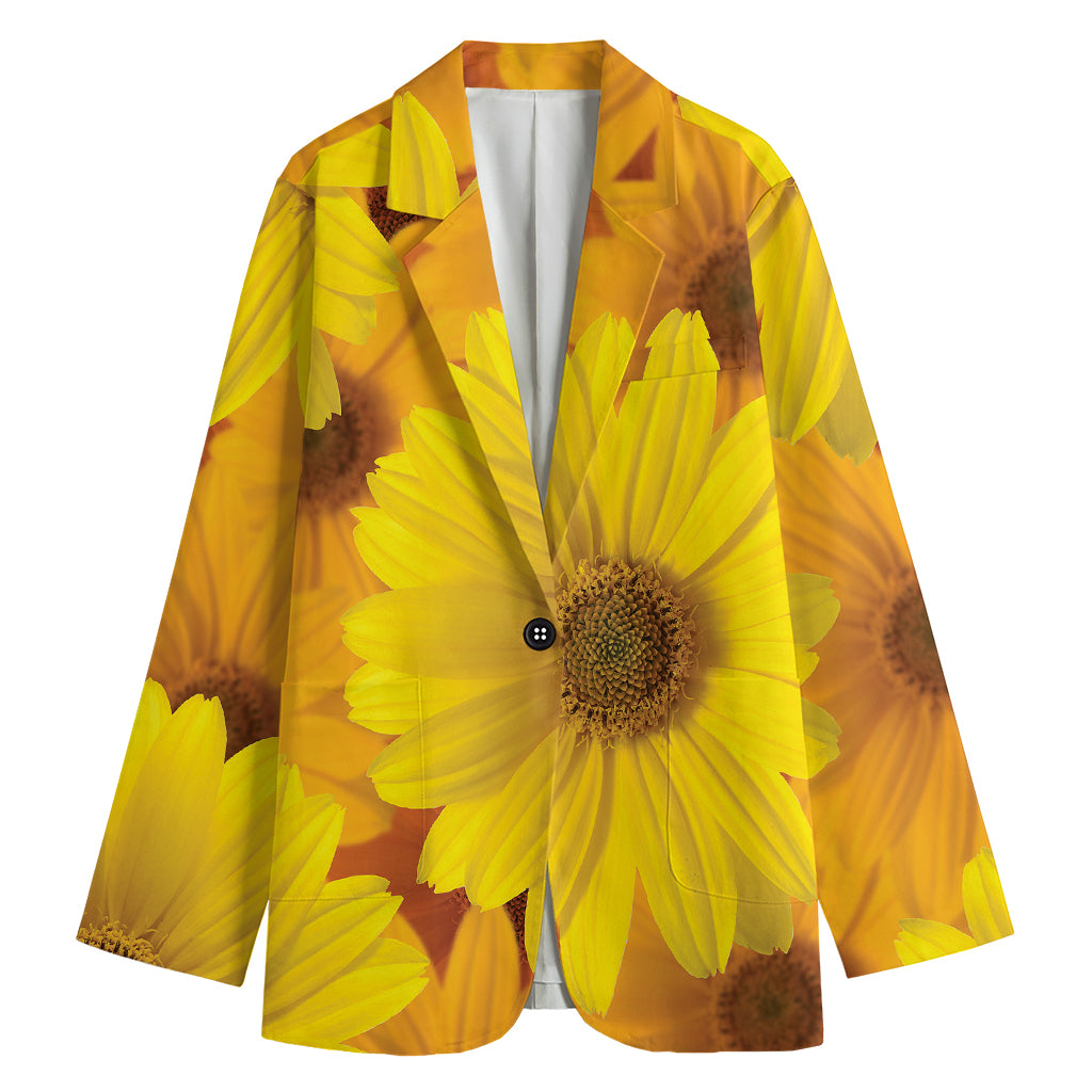 Yellow Daisy Flower Print Women's Cotton Blazer