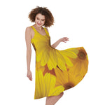 Yellow Daisy Flower Print Women's Sleeveless Dress