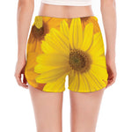 Yellow Daisy Flower Print Women's Split Running Shorts