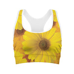 Yellow Daisy Flower Print Women's Sports Bra