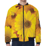 Yellow Daisy Flower Print Zip Sleeve Bomber Jacket