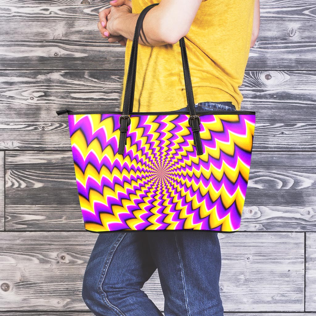 Yellow Dizzy Moving Optical Illusion Leather Tote Bag