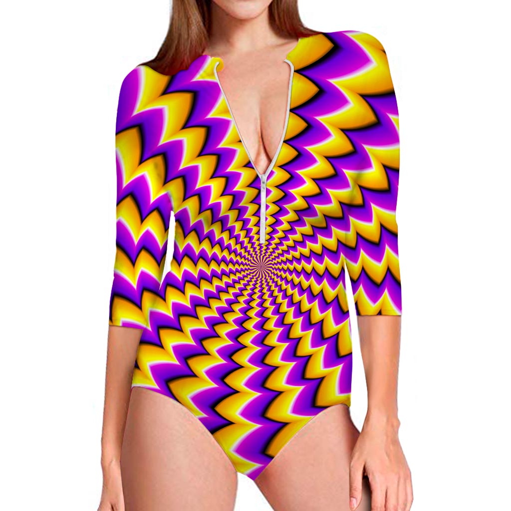 Yellow Dizzy Moving Optical Illusion Long Sleeve Swimsuit