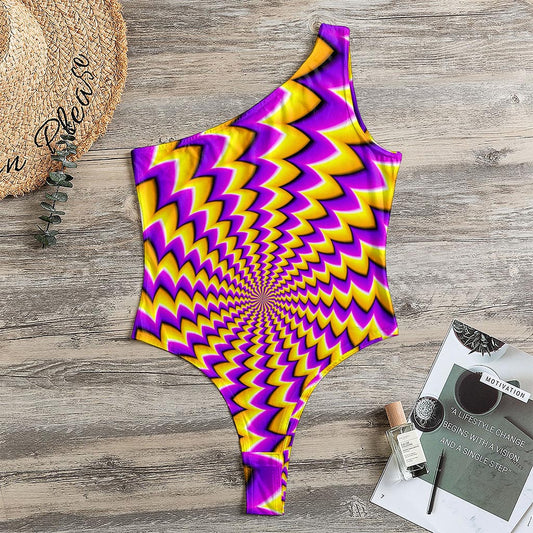 Yellow Dizzy Moving Optical Illusion One Shoulder Bodysuit