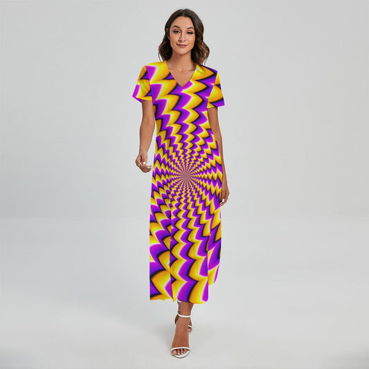 Yellow Dizzy Moving Optical Illusion Short Sleeve Maxi Dress