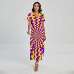 Yellow Dizzy Moving Optical Illusion Short Sleeve Maxi Dress