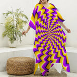Yellow Dizzy Moving Optical Illusion Silk V-Neck Kaftan Dress