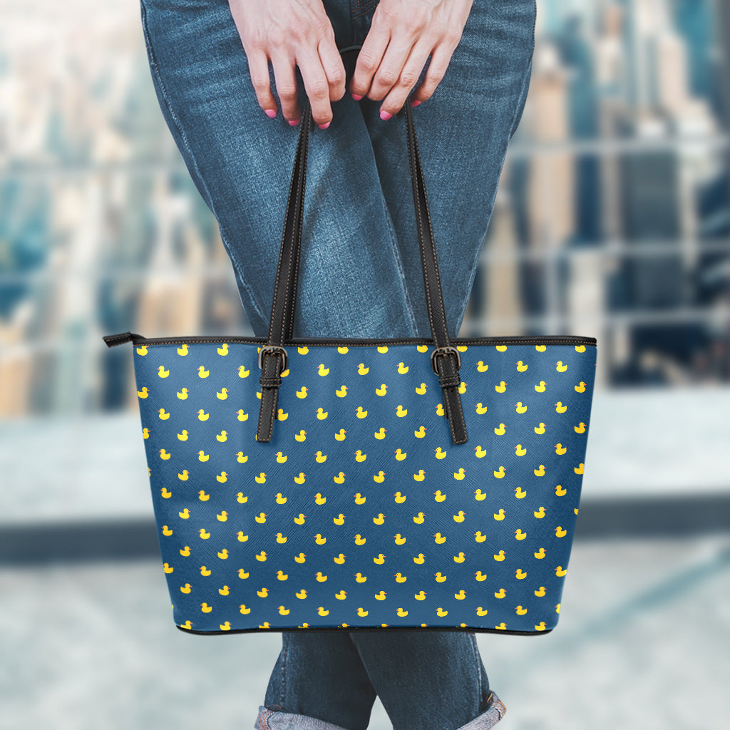 Yellow Duck Pattern Print Leather Tote Bag