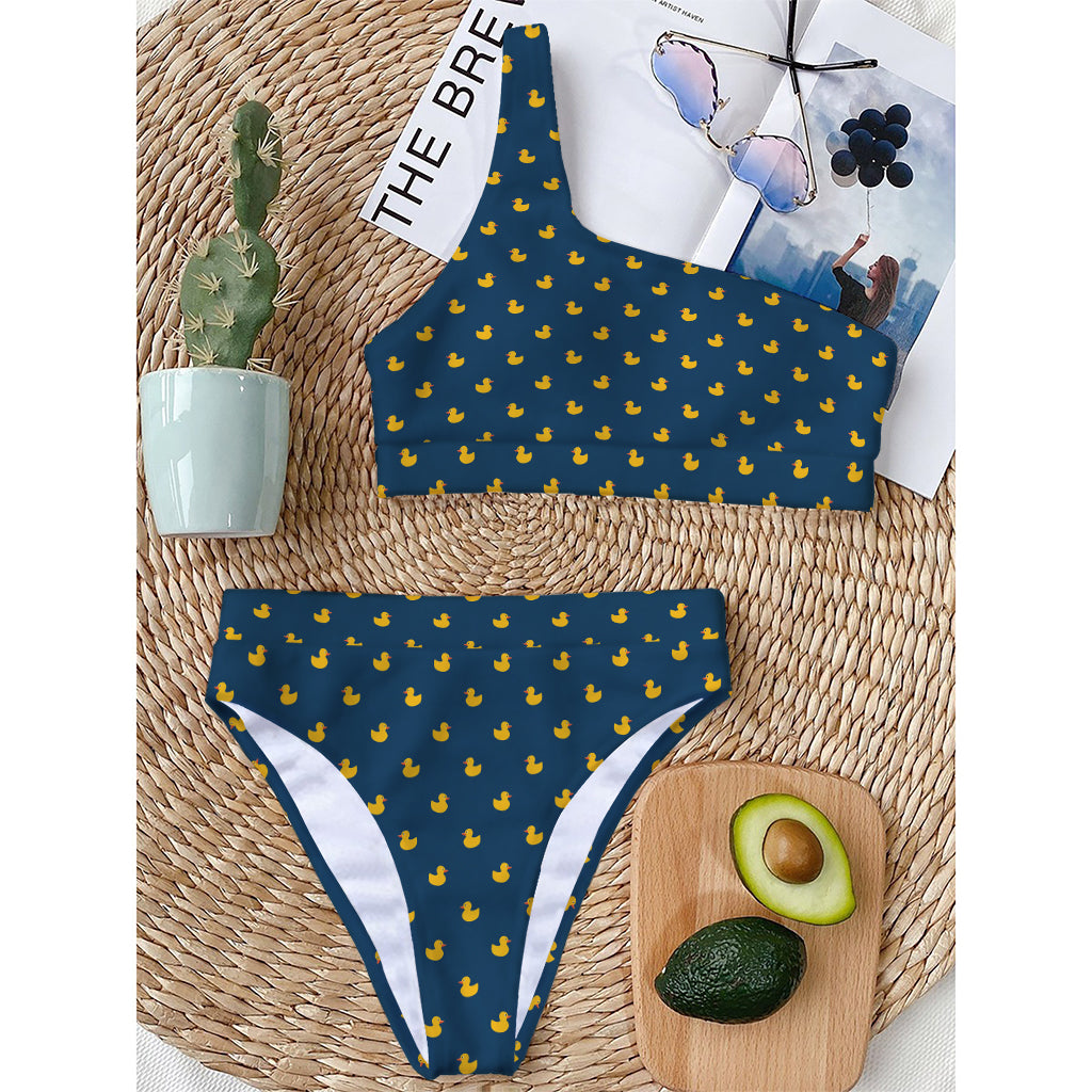 Yellow Duck Pattern Print One Shoulder Bikini Top