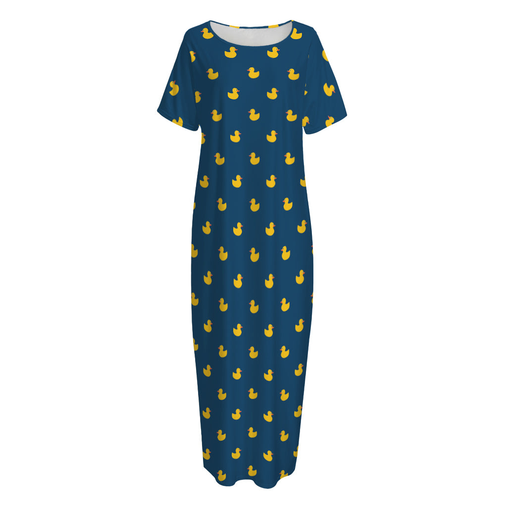 Yellow Duck Pattern Print Short Sleeve Long Nightdress