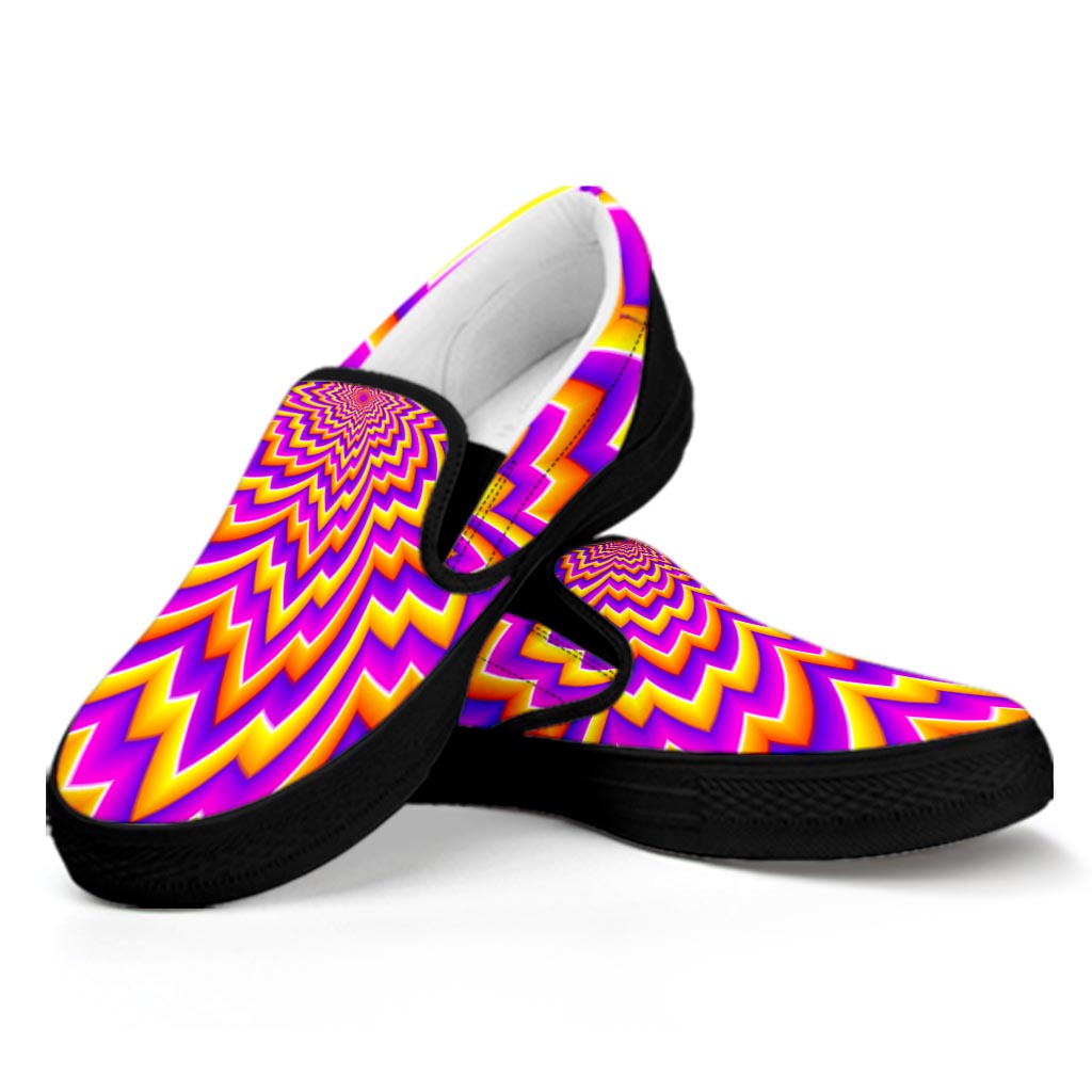 Yellow Expansion Moving Optical Illusion Black Slip On Sneakers