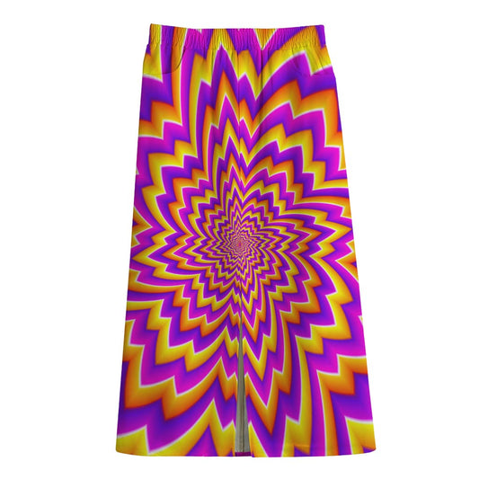 Yellow Expansion Moving Optical Illusion Cotton Front Slit Maxi Skirt