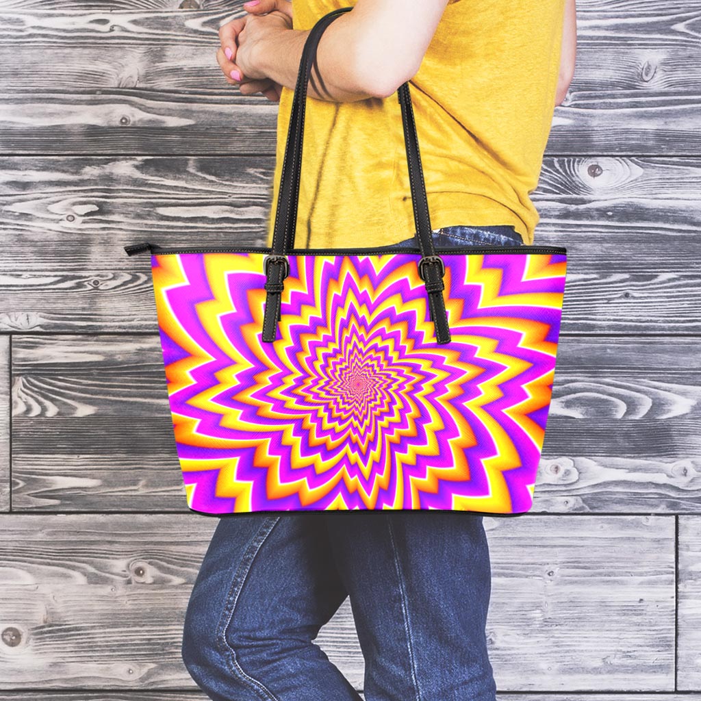 Yellow Expansion Moving Optical Illusion Leather Tote Bag