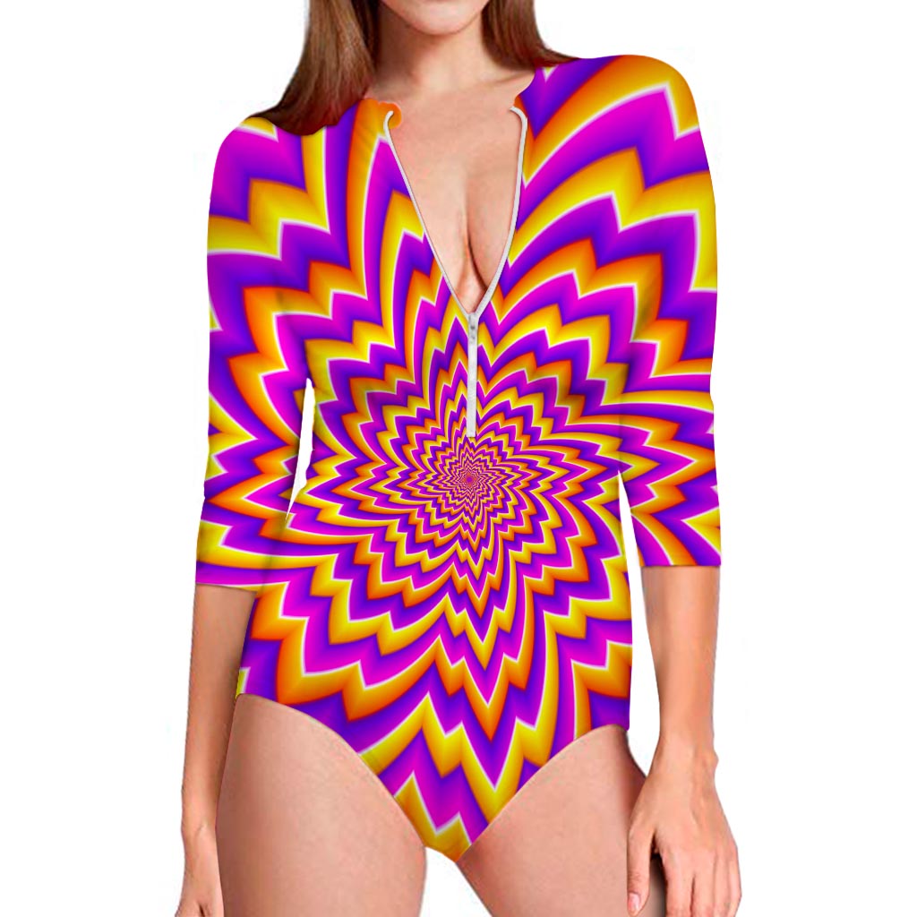 Yellow Expansion Moving Optical Illusion Long Sleeve Swimsuit