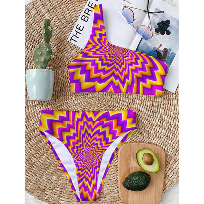 Yellow Expansion Moving Optical Illusion One Shoulder Bikini Top