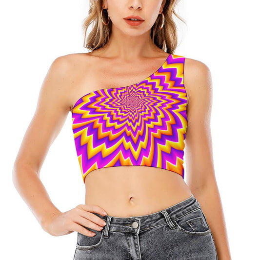 Yellow Expansion Moving Optical Illusion One Shoulder Crop Top