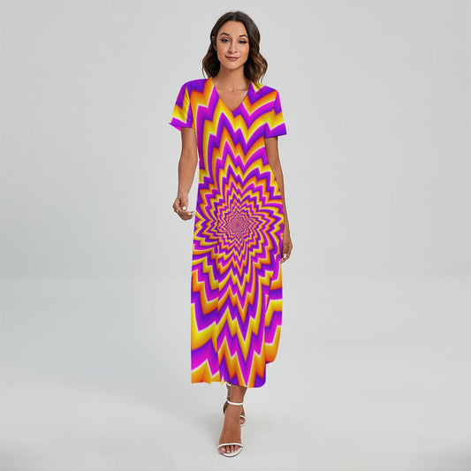 Yellow Expansion Moving Optical Illusion Short Sleeve Maxi Dress