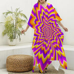 Yellow Expansion Moving Optical Illusion Silk V-Neck Kaftan Dress