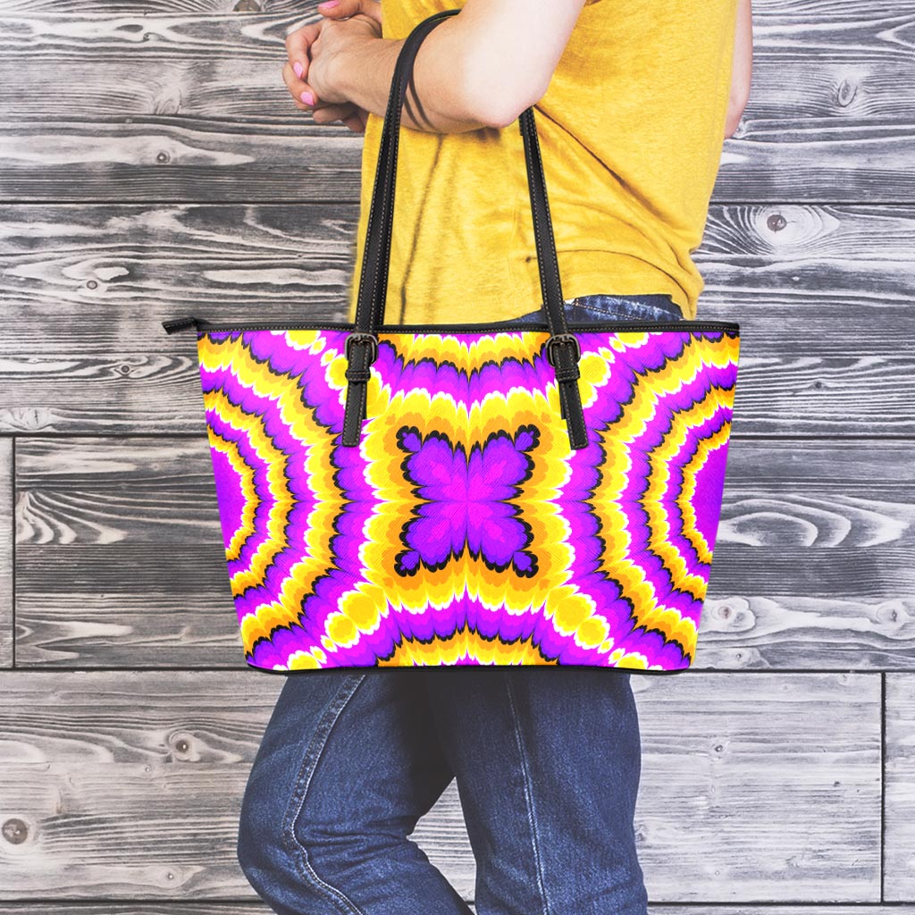 Yellow Explosion Moving Optical Illusion Leather Tote Bag