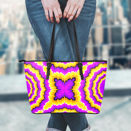 Yellow Explosion Moving Optical Illusion Leather Tote Bag