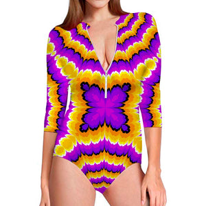 Yellow Explosion Moving Optical Illusion Long Sleeve Swimsuit