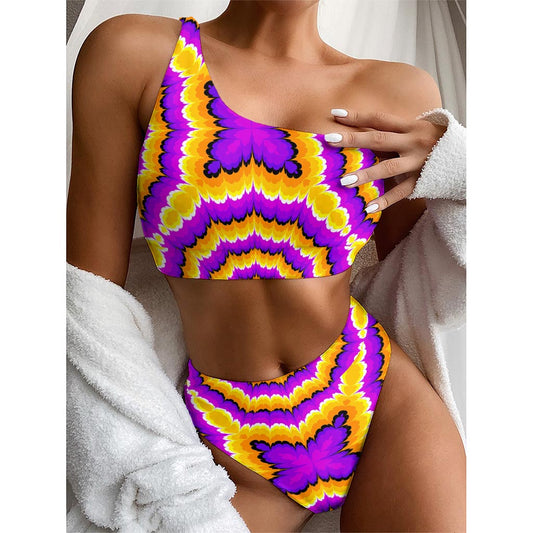 Yellow Explosion Moving Optical Illusion One Shoulder Bikini Top