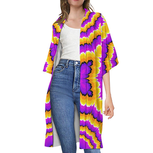 Yellow Explosion Moving Optical Illusion Open Front Beach Cover Up