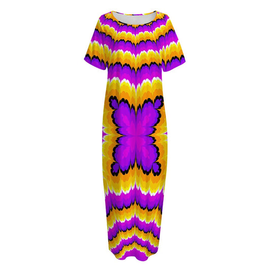 Yellow Explosion Moving Optical Illusion Short Sleeve Long Nightdress