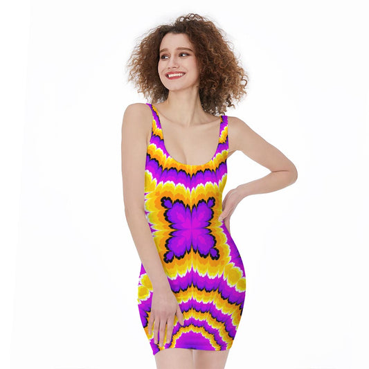 Yellow Explosion Moving Optical Illusion Sleeveless Bodycon Dress