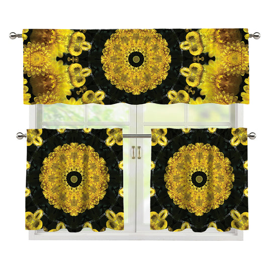 Yellow Flower Kaleidoscope Print 3 Piece Kitchen Curtains