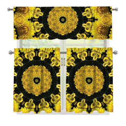 Yellow Flower Kaleidoscope Print 3 Piece Kitchen Curtains