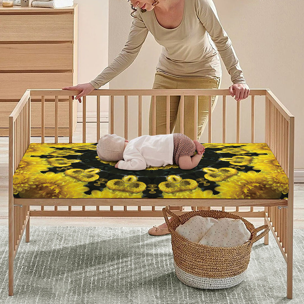 Yellow Flower Kaleidoscope Print Baby Crib Sheet