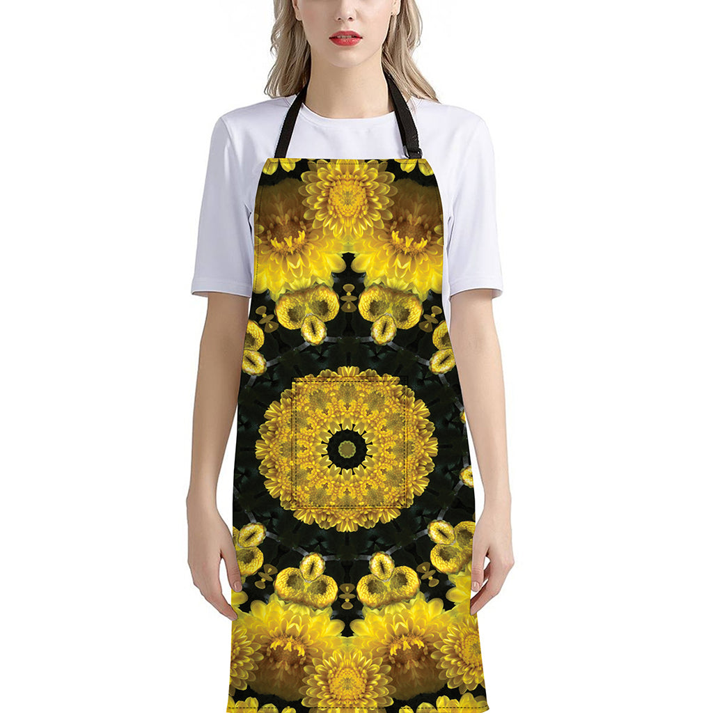 Yellow Flower Kaleidoscope Print Bib Apron With Pocket