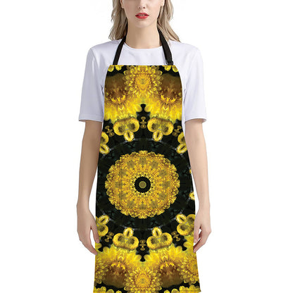Yellow Flower Kaleidoscope Print Bib Apron With Pocket