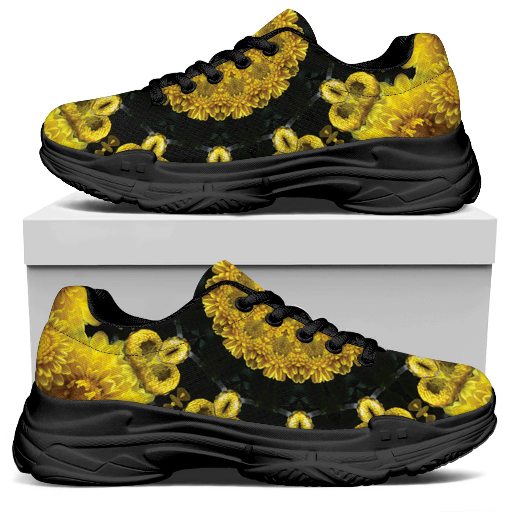 Yellow Flower Kaleidoscope Print Black Chunky Shoes