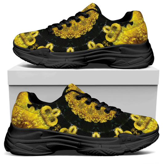 Yellow Flower Kaleidoscope Print Black Chunky Shoes