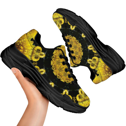 Yellow Flower Kaleidoscope Print Black Chunky Shoes