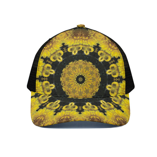 Yellow Flower Kaleidoscope Print Black Mesh Trucker Cap