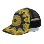 Yellow Flower Kaleidoscope Print Black Mesh Trucker Cap