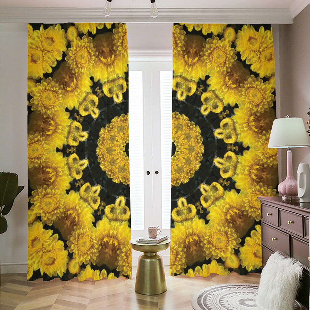 Yellow Flower Kaleidoscope Print Blackout Pencil Pleat Curtains