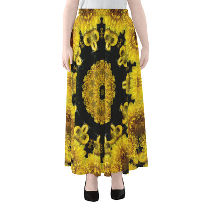 Yellow Flower Kaleidoscope Print Chiffon Maxi Skirt