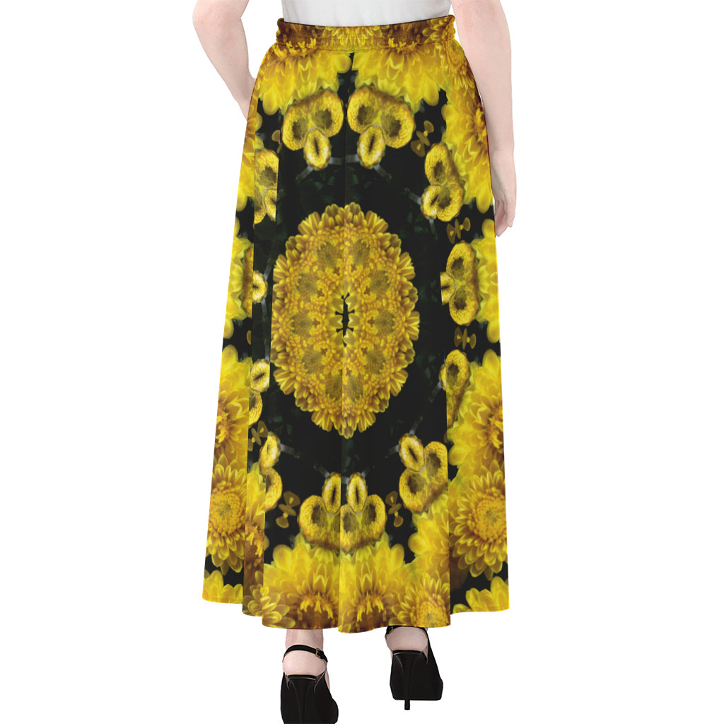 Yellow Flower Kaleidoscope Print Chiffon Maxi Skirt