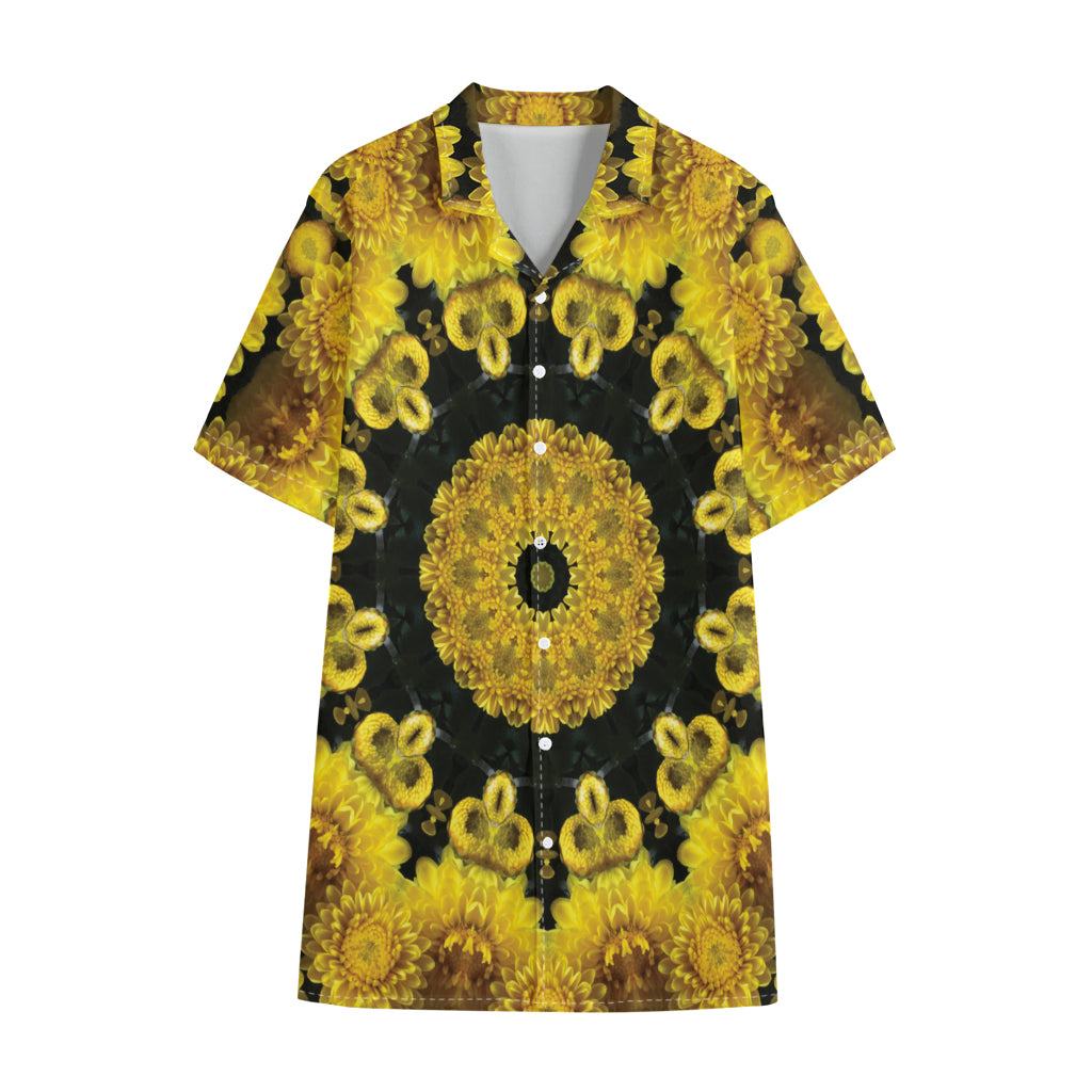 Yellow Flower Kaleidoscope Print Cotton Hawaiian Shirt