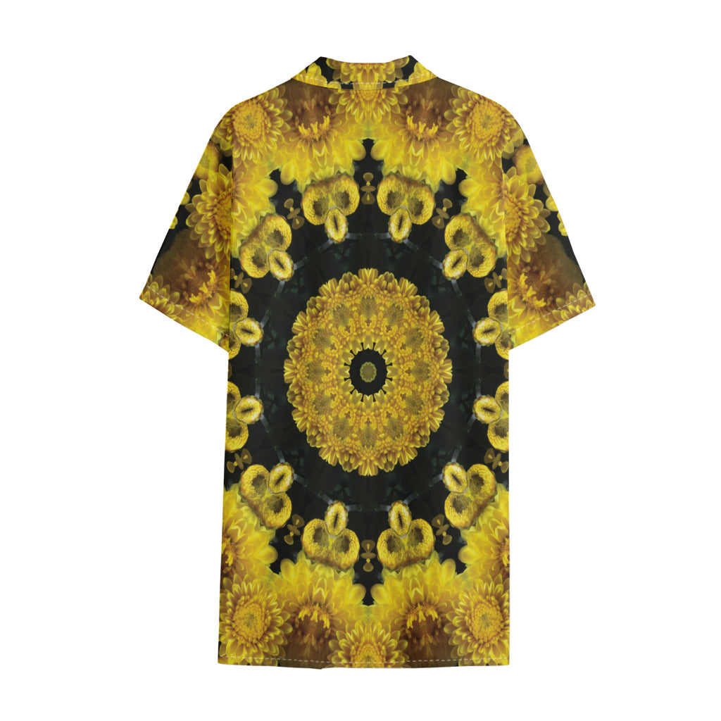 Yellow Flower Kaleidoscope Print Cotton Hawaiian Shirt